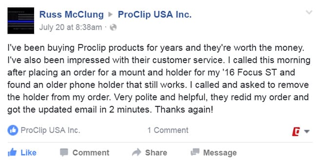 Facebook Customer Review of ProClip USA